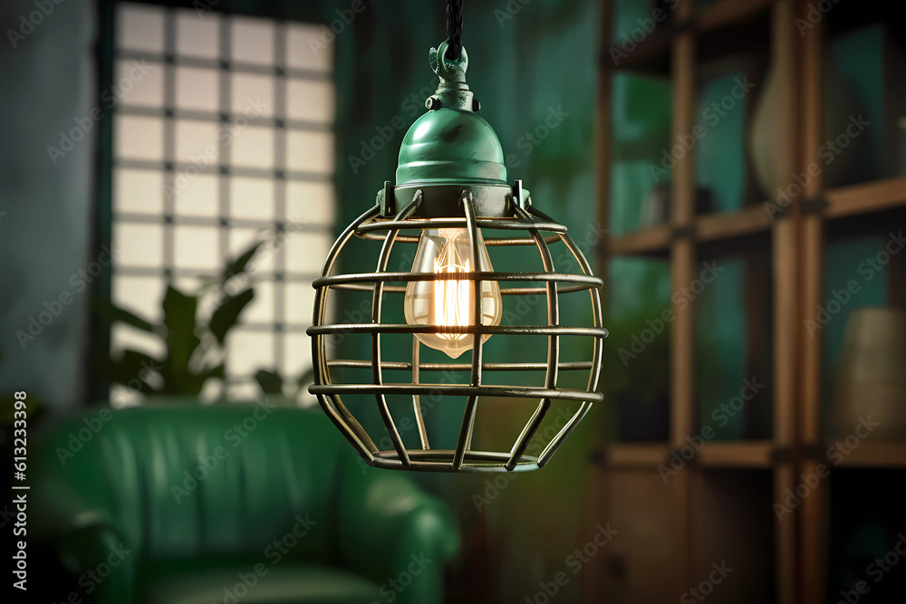 Industrial Cage Pendant Lamp - Pendant lamp with a metal cage design, evoking an industrial and edgy aesthetic (Generative AI)
