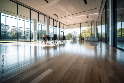  an office with wood desks and glass walls  in the style of high detailed  grey academia  wood  photo-realistic landscapes  vintage minimalism  light silver and light brown generativ ai