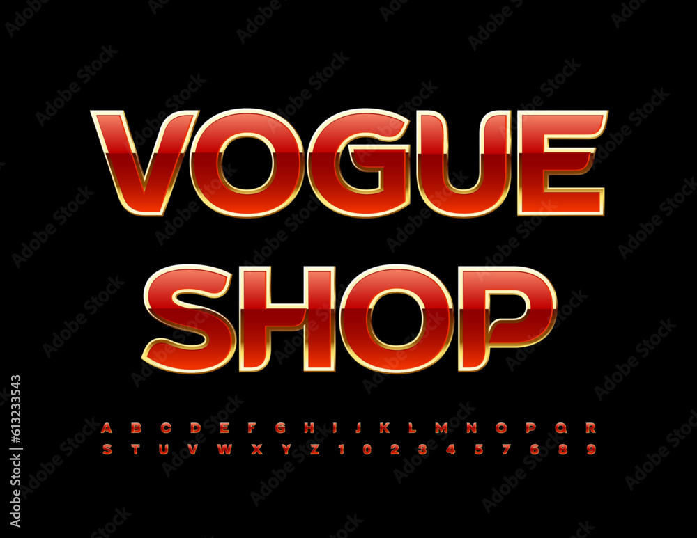 Vector elite Emblem Vogue Shop. Stylish Red and Golden Font. Luxury Alphabet Letters and Numbers Vector elite Emblem Vogue Shop. Stylish Red and Golden Font. Luxury Alphabet Letters and Numbers