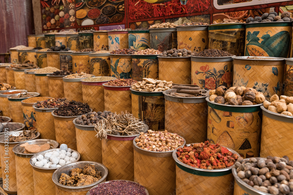 United Arab Emirates, Dubai district Deira, spice market, April 2023. Old traditional souk for spices and herbs. Curry, masala, pepper, dried blossoms, paprika, saffron, red pepper, mint, kind teas. United Arab Emirates, Dubai district Deira, spice market, April 2023. Old traditional souk for spices and herbs. Curry, masala, pepper, dried blossoms, paprika, saffron, red pepper, mint, kind teas.