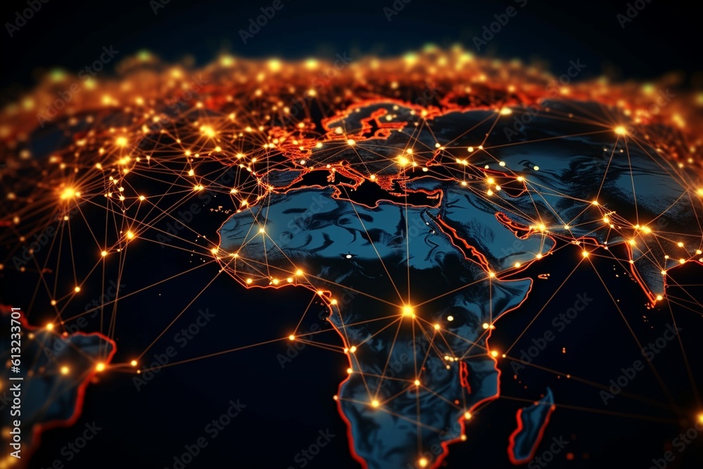Interconnected Nodes and Lines Forming Map: Symbolizing Global Supply Chain Management and Logistics in Business generative AI Interconnected Nodes and Lines Forming Map: Symbolizing Global Supply Chain Management and Logistics in Business generative AI