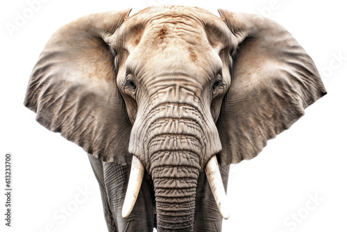 Portrait of a massive gray elephant with large ivory tusks, isolated (Generative AI, Generativ, KI)