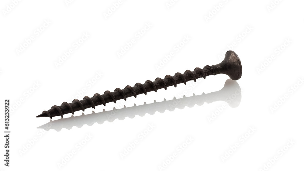 Black steel oxidized self-tapping screw on wood. Black steel oxidized self-tapping screw on wood.