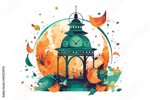 Islamic Eid cute lantern and crescent moon and vector Illustration White background.