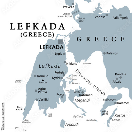 Lefkada, regional unit, gray political map. Part of Ionian Islands in Greece, also known as Lefkas, Leukas or Leucadia. With Tilevoides Islands Meganisi, Kalamos, Kastos, Skorpios and smaller islets. photo