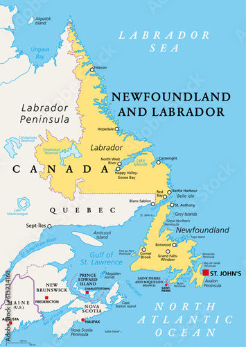 Newfoundland and Labrador, political map. Province of Canada, in the Atlantic region, with capital St. Johns. Island of Newfoundland and continental region of Labrador between Quebec and the Atlantic. photo
