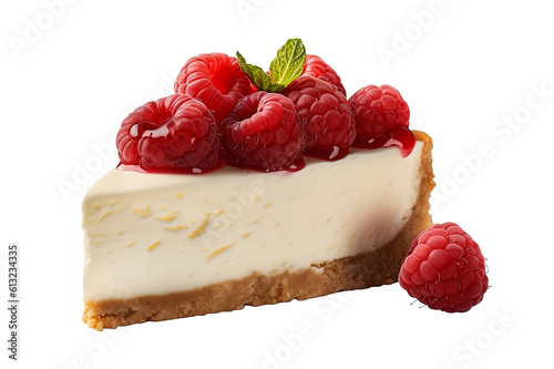 Cheesecake with fresh raspberries. Generative AI. photo