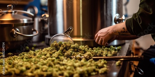 A person carefully measuring out hops into a large kettle, with various homebrewing equipment around them , concept of Precision measurement techniques, created with Generative AI technology photo