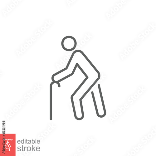 Old man icon. Simple outline style. Elder person with cane, stick, senior generation people, age concept. Thin line symbol. Vector illustration isolated on white background. Editable stroke EPS 10.
