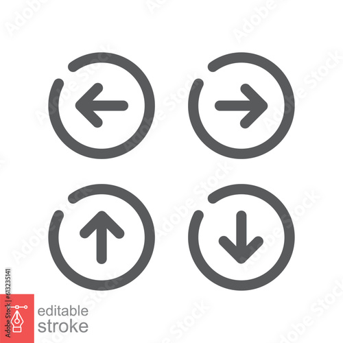 Arrow control button icon set. Simple outline style. Slider, left, right, up, down, navigation concept. Thin line symbol. Vector illustration isolated on white background. Editable stroke EPS 10.