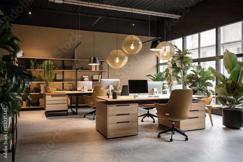 an office with wood desks and glass walls  in the style of high detailed  grey academia  wood  photo-realistic landscapes  vintage minimalism  light silver and light brown generativ ai