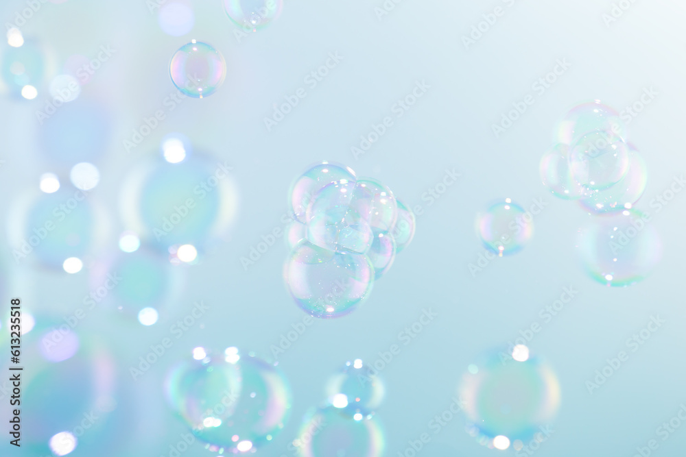 Beautiful Transparent Shiny Soap Bubbles Floating in The Air. Soap Sud Bubbles Water. Abstract Background	
