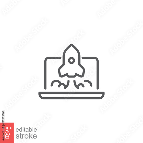Rocket launch from laptop screen icon. Simple outline style. Business startup launching new product concept. Thin line symbol. Vector illustration isolated on white background. Editable stroke EPS 10.