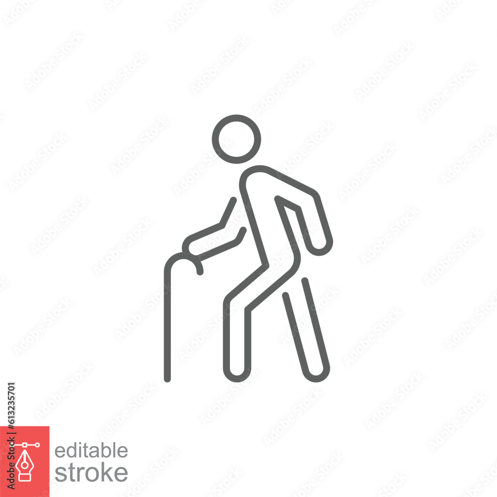 Old man icon. Simple outline style. Elder person with cane, stick, senior generation people, age concept. Thin line symbol. Vector illustration isolated on white background. Editable stroke EPS 10. Old man icon. Simple outline style. Elder person with cane, stick, senior generation people, age concept. Thin line symbol. Vector illustration isolated on white background. Editable stroke EPS 10.