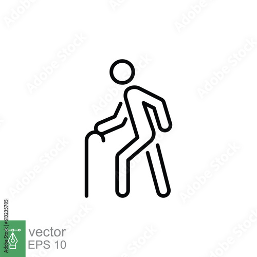 Old man icon. Simple outline style. Elder person with cane, stick, senior generation people, walking, age concept. Thin line symbol. Vector illustration isolated on white background. EPS 10.