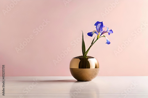 Iris vase arrangement on a light pink background  with a wooden sphere sculpture as minimalist decor