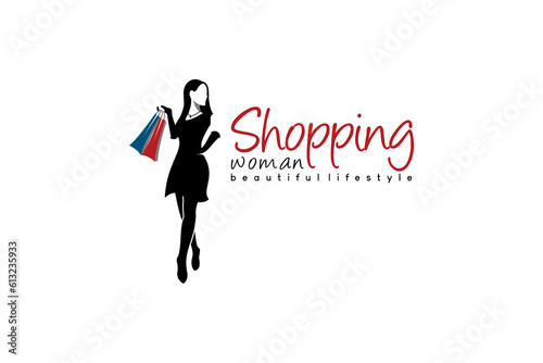 Vector fashion silhouette of beautiful woman carrying shopping bags, shopping woman logo