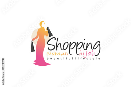 Vector silhouette of beautiful Muslim woman carrying shopping bag, hijab shopping woman logo