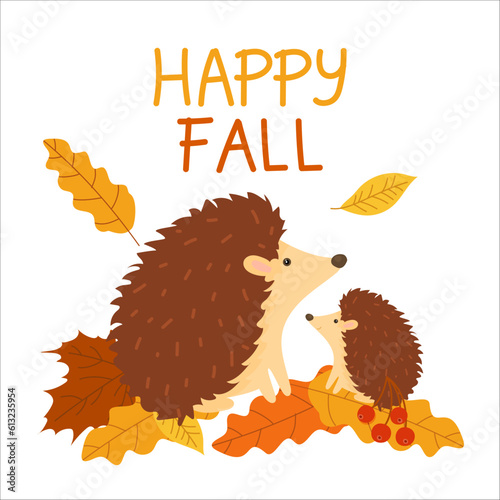 Mom and baby hedgehog look at the leaf fall of autumn golden leaves. Two cute hedgehogs sitting among autumn leaves in the forest isolated on a white background.