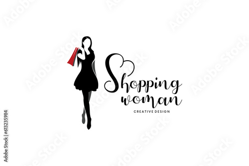 Vector silhouette of beautiful woman carrying shopping bags, shopping woman logo