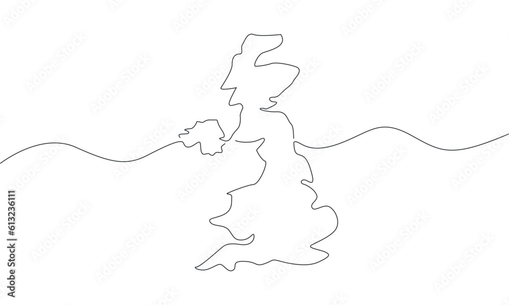 One line United Kingdom map. Continuous line drawing of Great Britain. Vector illustration.