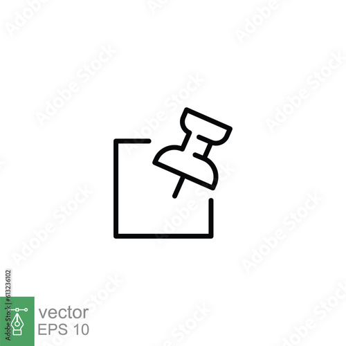 Note paper with pushbutton icon. Simple outline style. Remember, notice, label, reminder sticker pinned concept. Thin line symbol. Vector illustration isolated on white background. EPS 10.