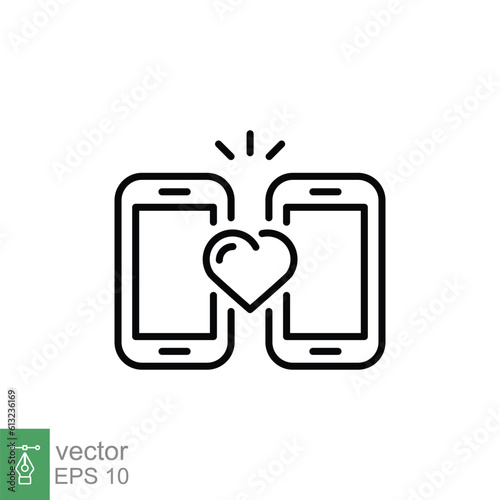 Online dating icon. Simple outline style. Mobile phone with love heart, long distance relationship concept. Thin line symbol. Vector illustration isolated on white background. EPS 10.