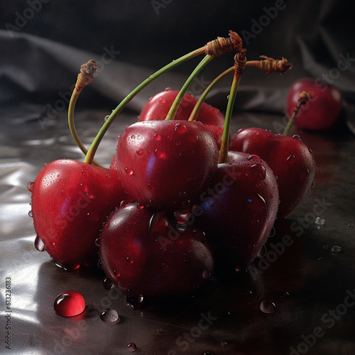 
Cherry fruits are collected on the table. Close up view to reveal water droplets on the surface of the fruit.
 photo