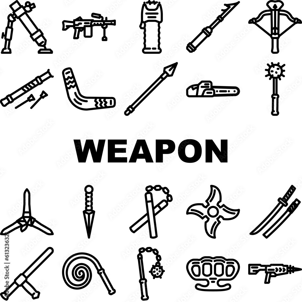weapon war gun military icons set vector. army knife, pistol sign, battle rifle, silhouette steel, game automatic crime danger weapon war gun military black contour illustrations weapon war gun military icons set vector. army knife, pistol sign, battle rifle, silhouette steel, game automatic crime danger weapon war gun military black contour illustrations