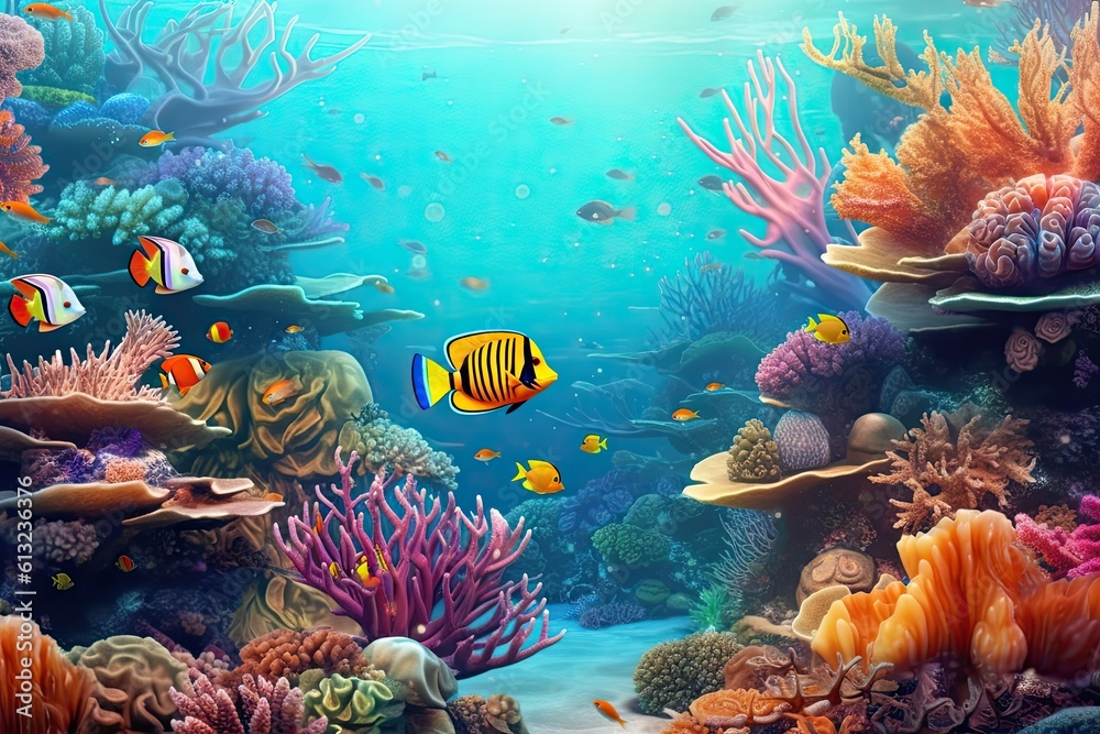 Fototapeta premium Discover the Wonder of the Underwater World: Coral Reefs, Tropical Fish, and Sea Backgrounds, Generative AI