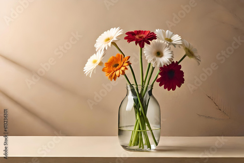 Gerbera Daisy bouquet in a vase on a beige background, with a glass cylinder vase as minimalist decor