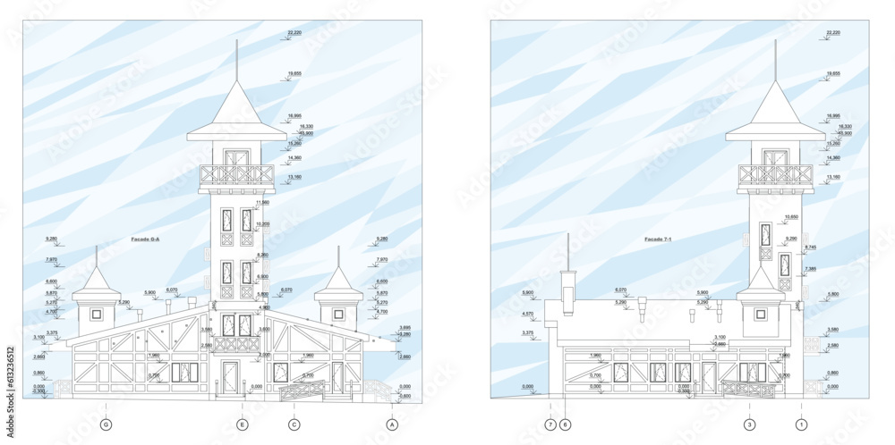 Detailed architectural fire station house blueprints and drawings. Vector illustration