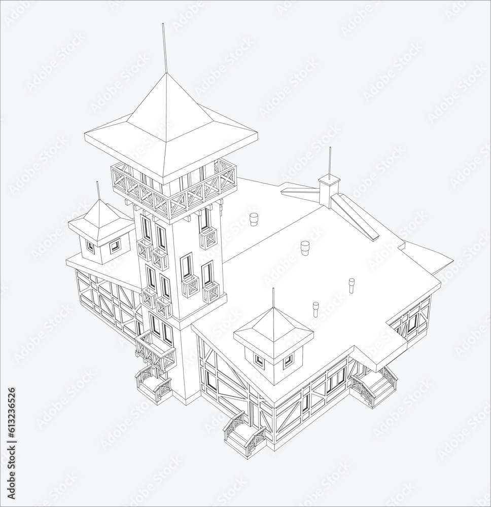 Detailed architectural fire station house blueprints and drawings. Vector illustration