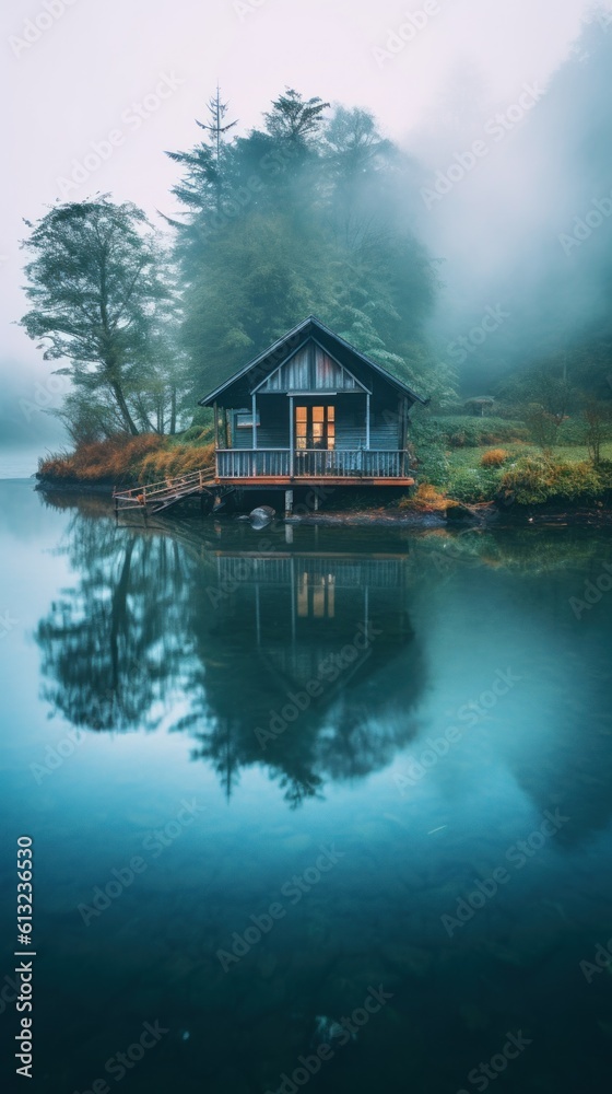 Fototapeta premium A cabin sits on a small island in the middle of a lake. Generative AI.