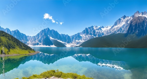 A panoramic view of a mountain range with a clear sky and a lake in the foreground  generative ai
