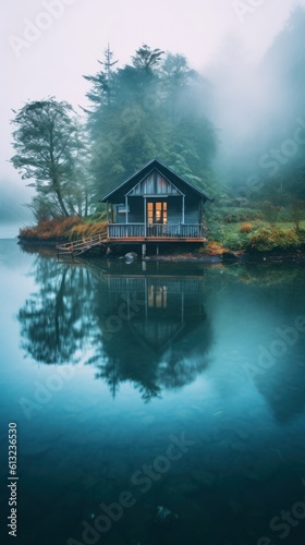 A cabin sits on a small island in the middle of a lake. Generative AI.