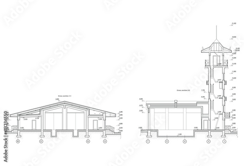 Detailed architectural fire station house blueprints and drawings. Vector illustration