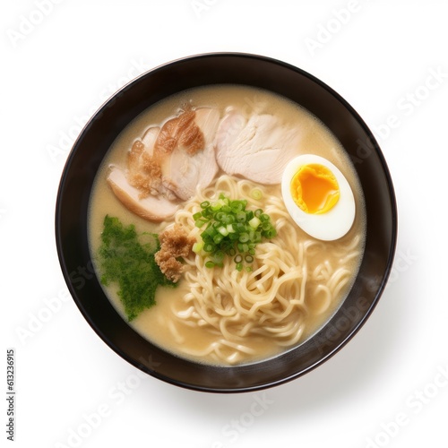 Kagoshima Ramen Tonkotsu and chicken broth isolated on white background. Generative AI
