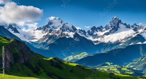 A majestic mountain range with snow-capped peaks and lush green valleys, generative ai