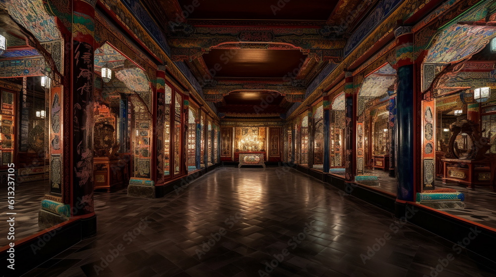 Luxurious Ancient Chinese Hall of Mirrors A hall of mi_006, Generative AI, Generative, AI