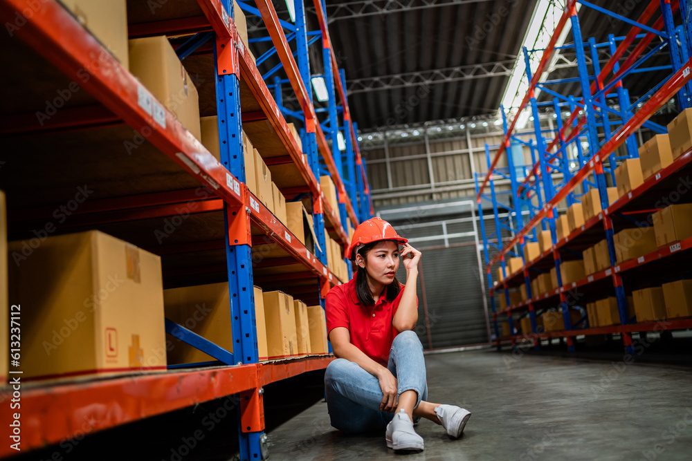 Asian female warehouse worker feeling sad and stressed due to being fired due to company bankruptcy. Work stress. Asian female warehouse worker feeling sad and stressed due to being fired due to company bankruptcy. Work stress.