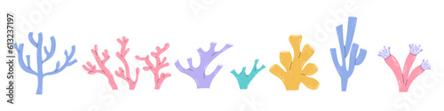 Cut set Cartoon underwater plants and creatures in cartoon style. Corals colonies. Various colorful elements of decorative corals for the aquarium. Vector stock illustration in flat style. 