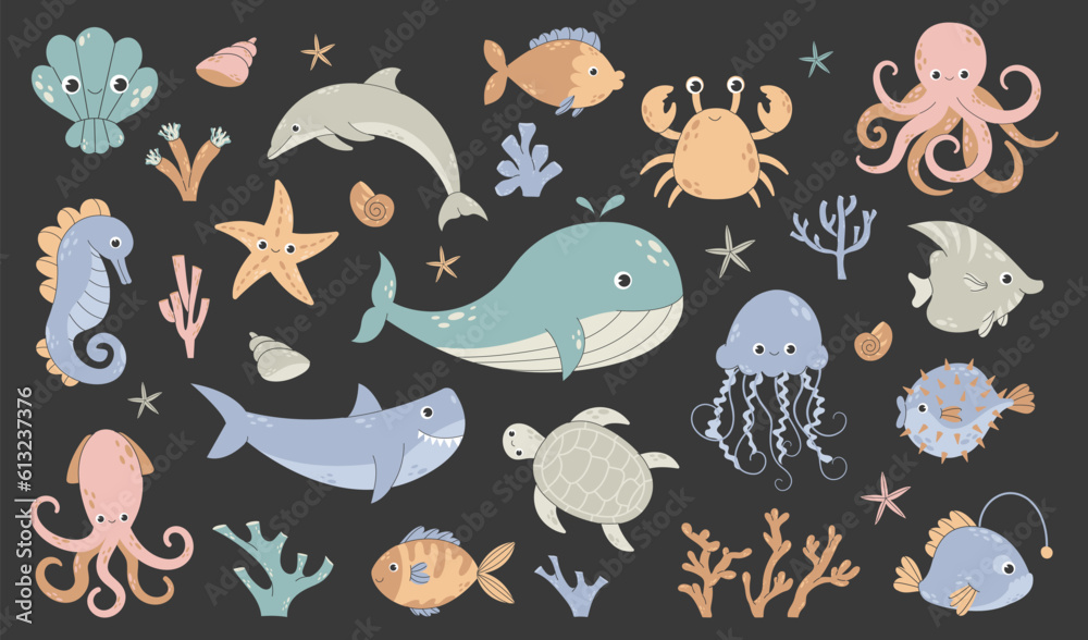 Vetor de Set with hand drawn sea life elements. Vector doodle cartoon ...
