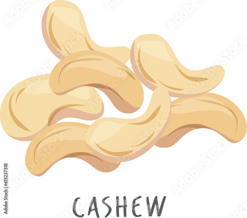 Cashew nuts pile name text beige natural organic nutrition vegetarian food snack isometric vector