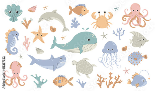 Fish and wild marine animals are isolated on white background. Inhabitants of the sea world  cute  funny underwater creatures dolphin  shark  ocean crabs  sea turtle. Flat cartoon vector illustration.