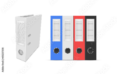 Colored binders ring paper document storage organizing standing row and isometric realistic vector