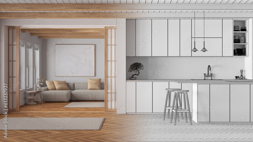Naklejka premium Architect interior designer concept: hand-drawn draft unfinished project that becomes real, minimal japandi kitchen and living room. Sofa and island, parquet. Clean style