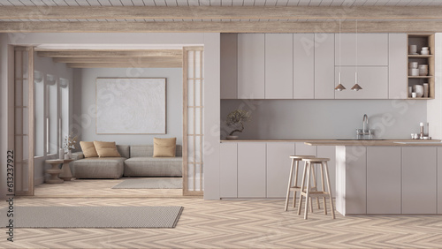 Minimal japandi kitchen and living room in dark wooden and white tones. Fabric sofa and island, paper sliding door and herringbone parquet. Clean interior design
