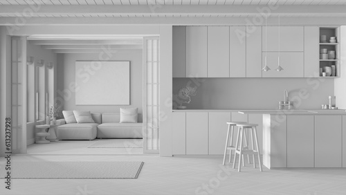 Total white project draft  minimal japandi kitchen and living room. Fabric sofa and island  paper sliding door and herringbone parquet. Clean interior design