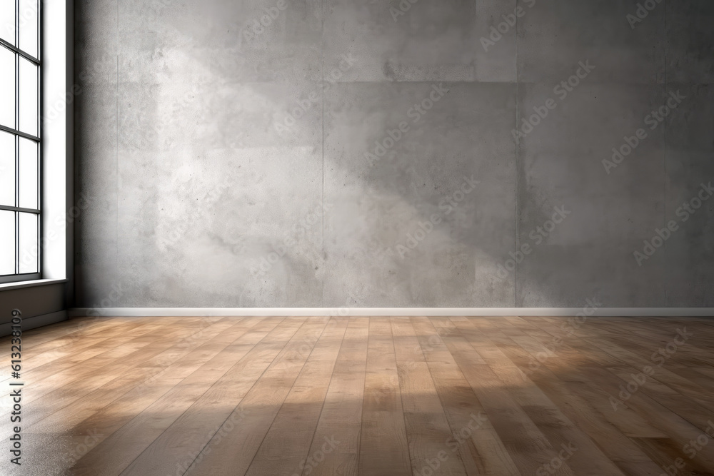 Empty room with concrete wall and wooden floor with window sunlight background. High quality photo
